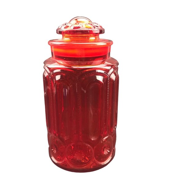 Vintage L.E. Smith Amberina Moon Stars Red Glass Lidded Canister Jar Lid Decor